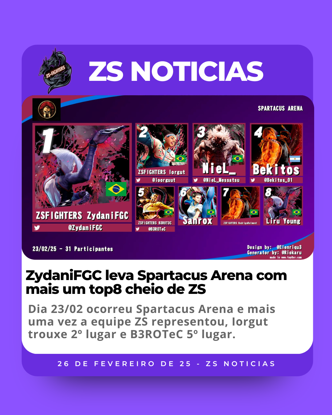 ZydaniFGC leva Spartacus Arena com mais um top8 cheio de ZS