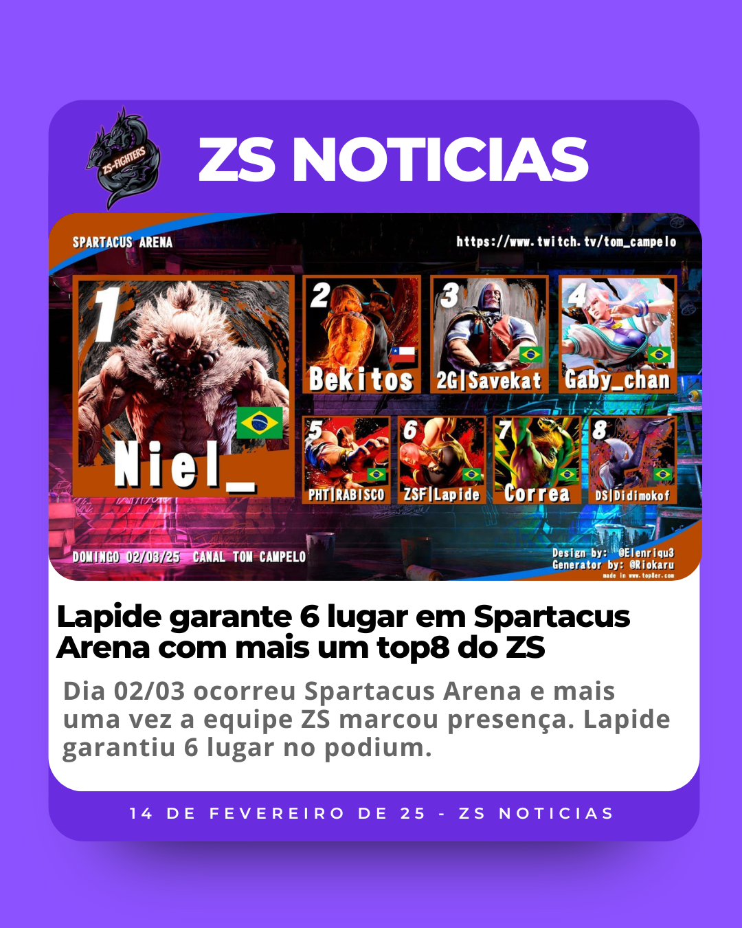 Lapide garante 6 lugar em Spartacus Arena com mais um top8 do ZS