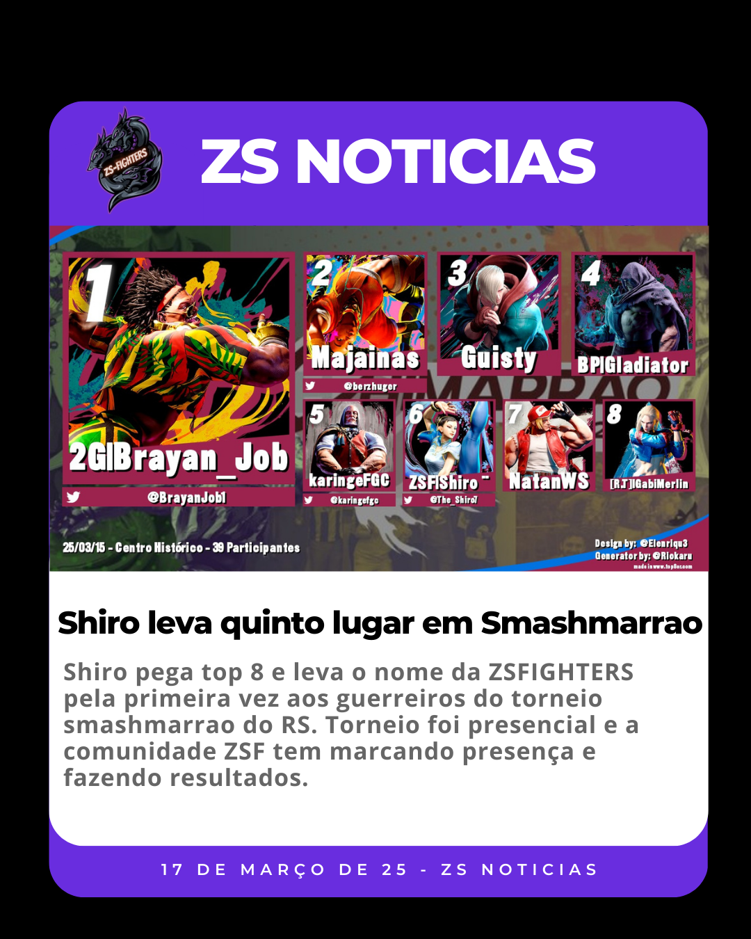 Shiro leva quinto lugar em Smashmarrao