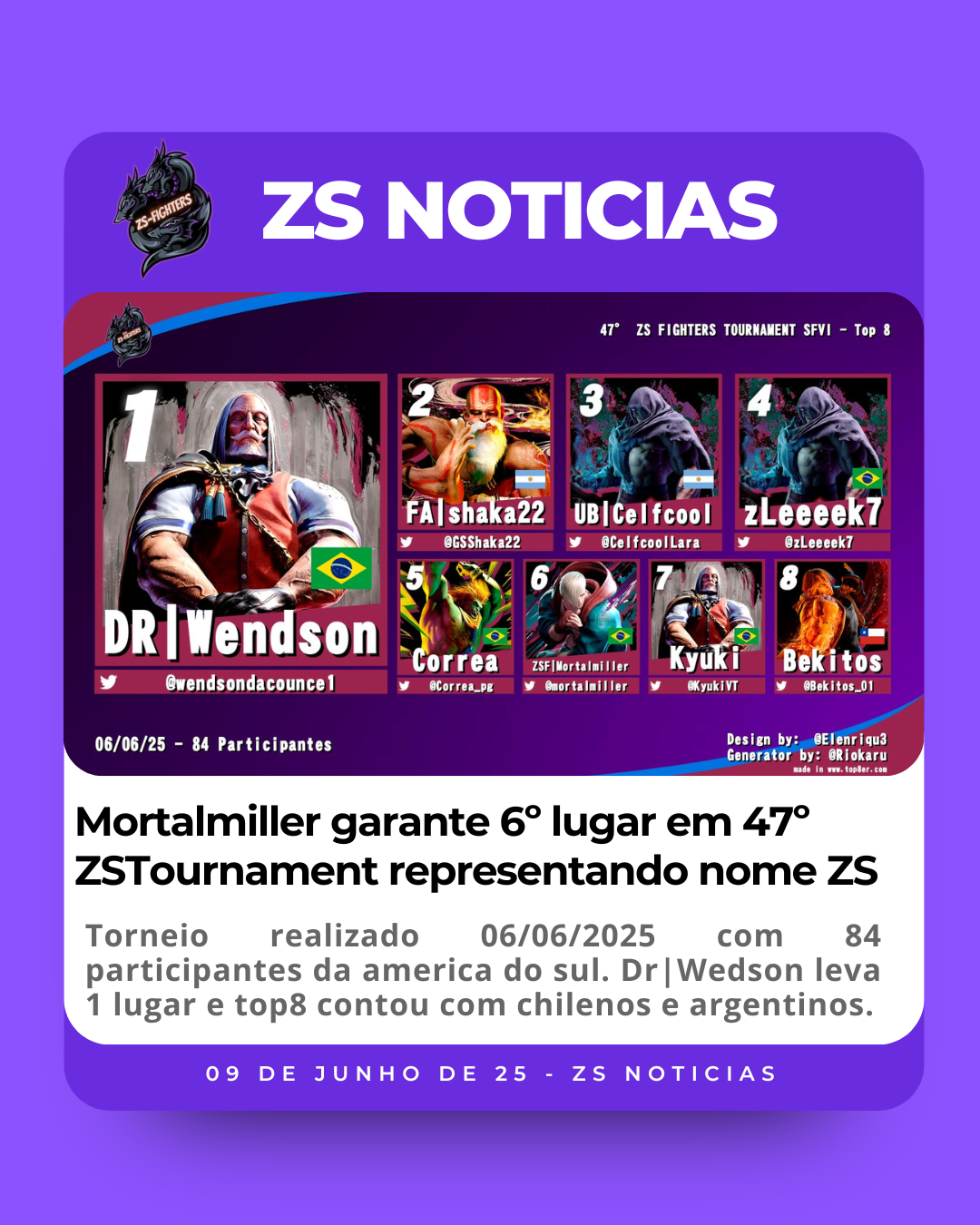 Mortalmiller garante 6º lugar em 47º ZSTournament representando nome ZS