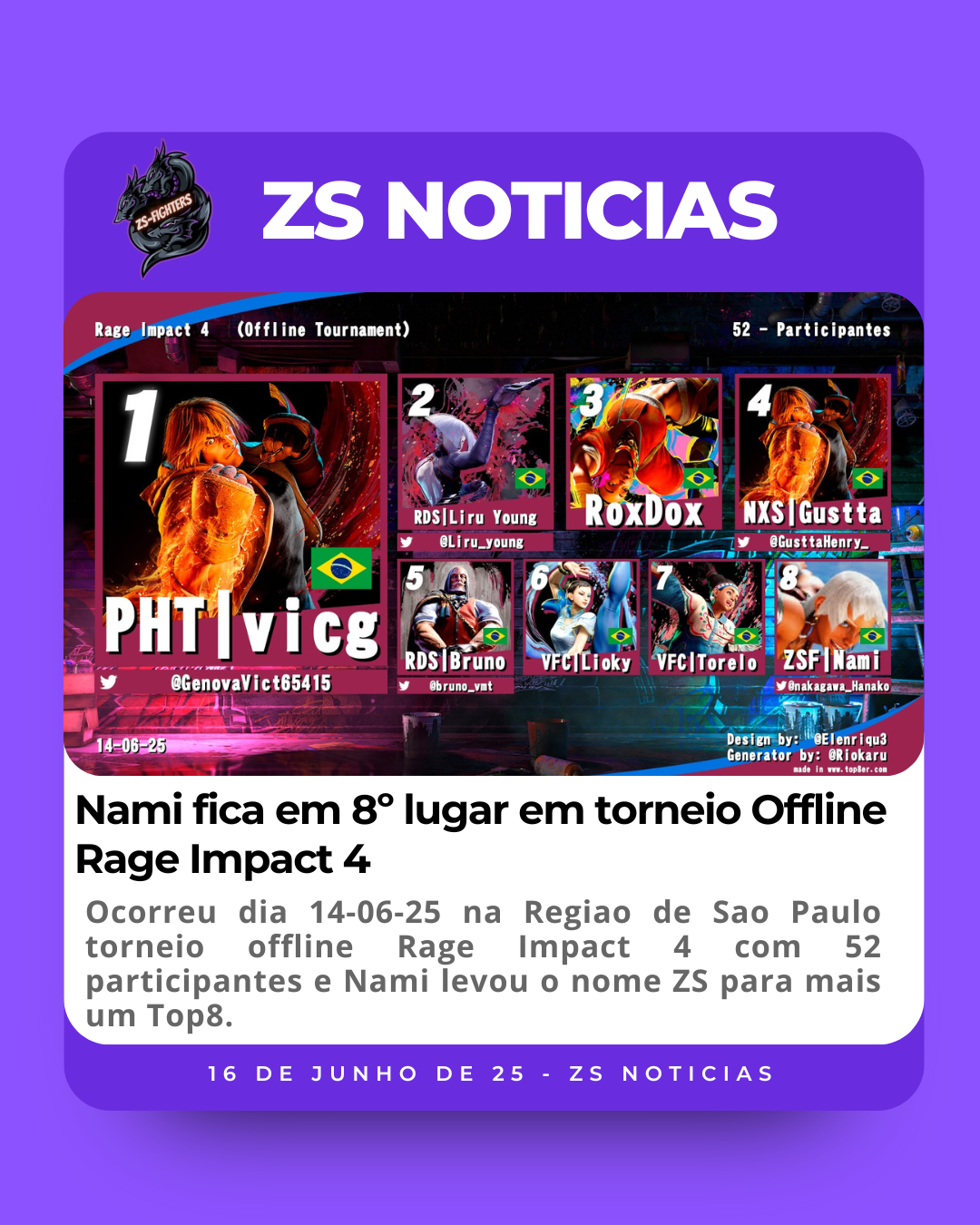 Nami fica em 8º lugar em torneio Offline Rage Impact 4