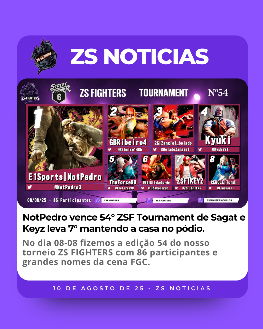 NotPedro vence 54° ZSF Tournament de Sagat e Keyz leva 7° mantendo a casa no pódio.